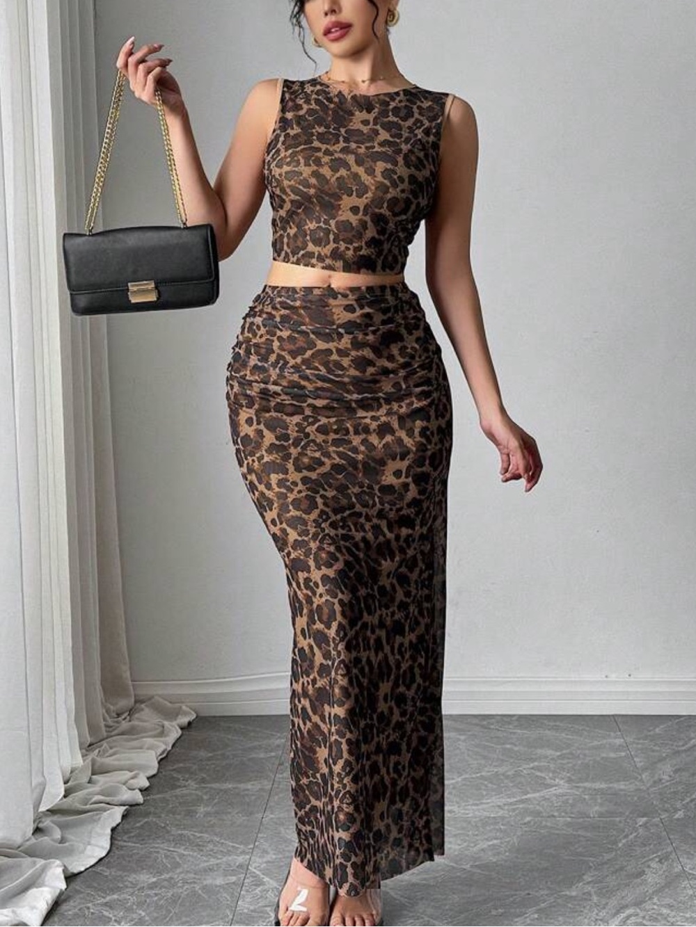 Leopard Print Bodycon Maxi Skirt - Brown